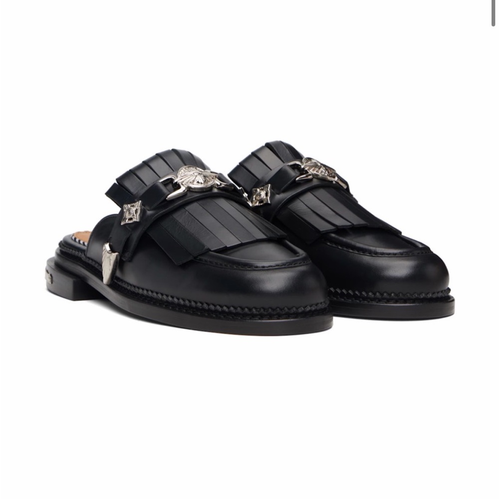 TOGA Pulla Black Leather Mules with Silver Accents